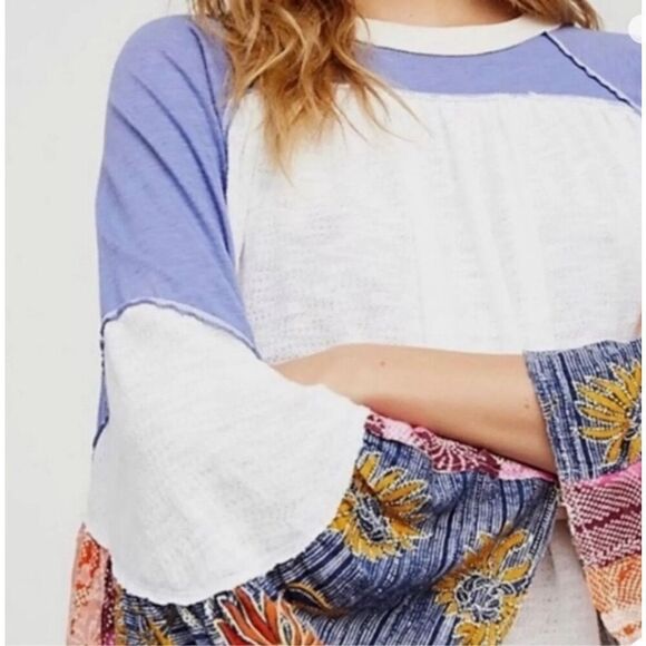 We The Free Free People Friday Fever Patch Work Detail Bell Sleeves Top size S - Picture 16 of 16